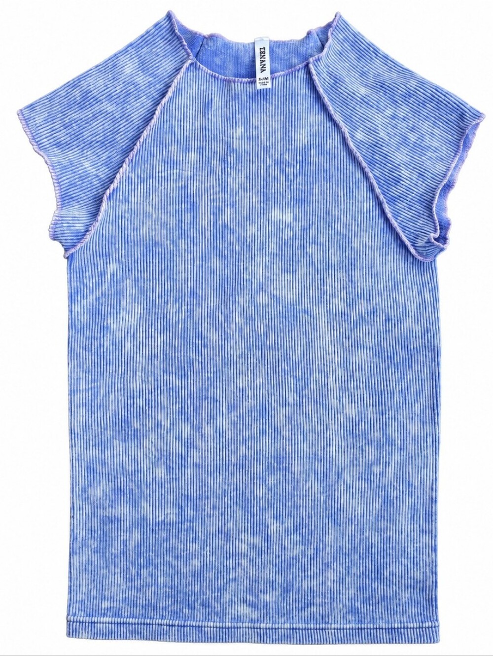 Zenana Blue Tie Dye Ribbed Mock Neck Top S/M Short Sleeve Stretchy